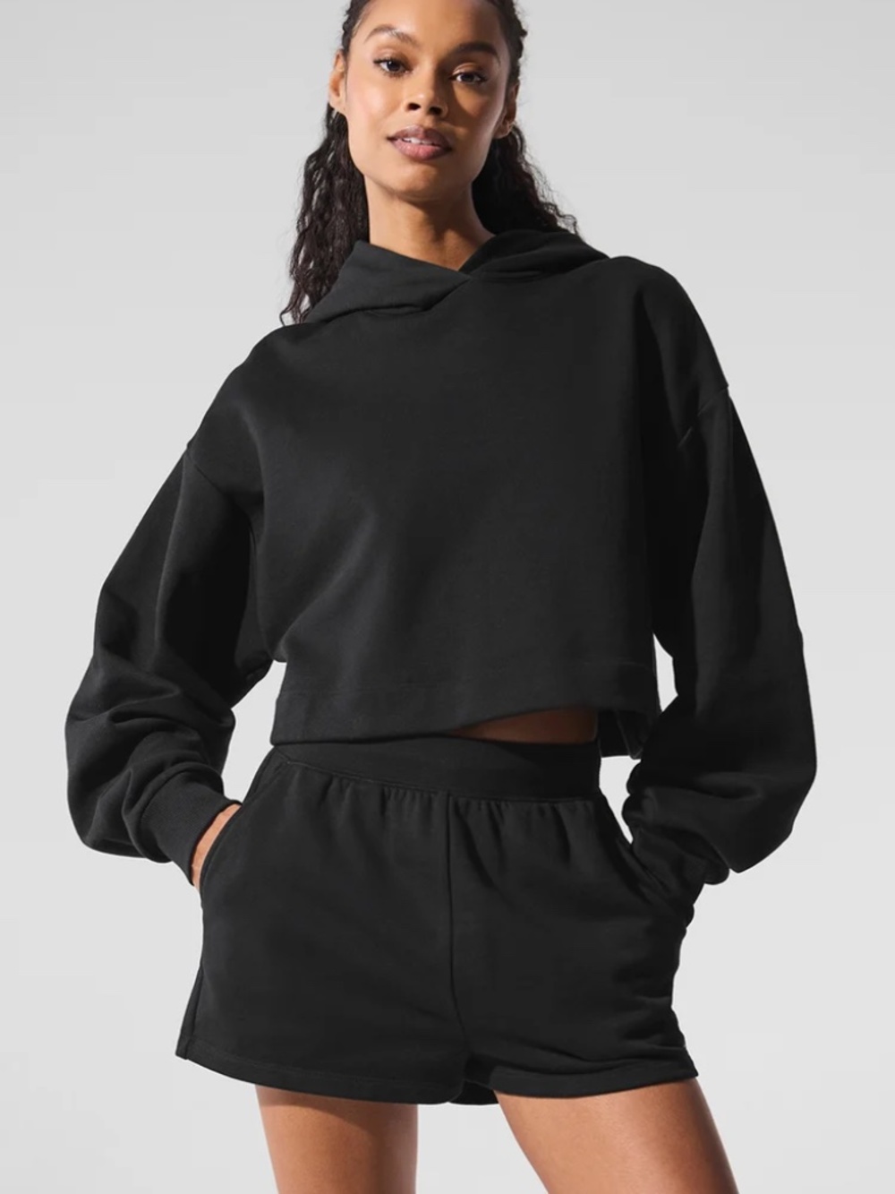 Alo Yoga Bae Hoodie Black Cropped Relaxed Fleece Sweatshirt Womens S